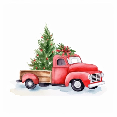 red christmas truck with chrristmas tree clipart, white background