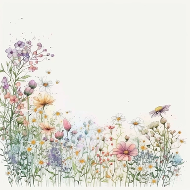 pastel color high resolution many field blossoms and flowers, floral bottom low border, watercolor clipart, white background