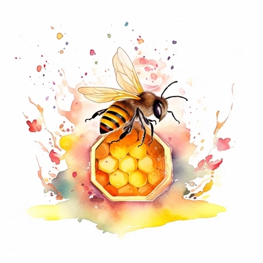 clipart, isolated on white background, beautiful cute Watercolor Spring honeybee into the beehive, ornated, pastel colors