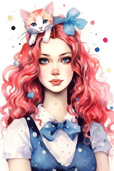 cute cartoon young woman with cat and gorgeous red blue and cream curly long hair bedecked with a cute dots bow and pink glitter details, with miniature roses on her head, portrait, daydream expression in watercolor form, sarah kay and holly hobbies, clip art, watercolor, smiling, soft pastel colors, black background,