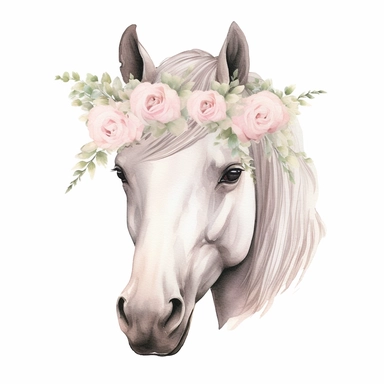 Isolated on a white background, in a feminine style that is populair on Etsy, white horse with baby pink roses on her head decorated for wedding, high resolution, highly detailed, watercolor clipart illustration, soft pastel color theme, baby pink, 8k UHD isolated image on white background, hyper - realistic high definition, standing full body white horse with baby pink roses on head decorated for wedding