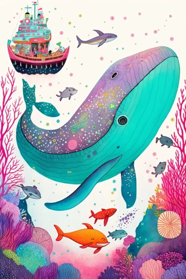 Happy whimsical watercolour ocean floor with colourful happy whale and dolphin, big swirling fish school, neon jellyfish, a woonden boat and 3 divers, cosmic bright colours, dreamy tones, Clipart style, svg style, white background