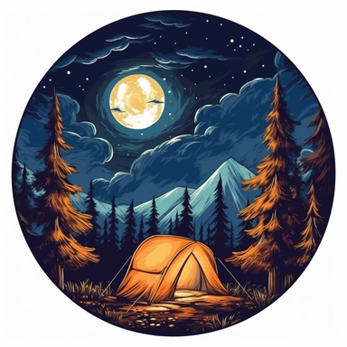tent in the mountains, night time, moon, nature, clip art, illustration, clipart, camp fire, in a circle, beautiful sky