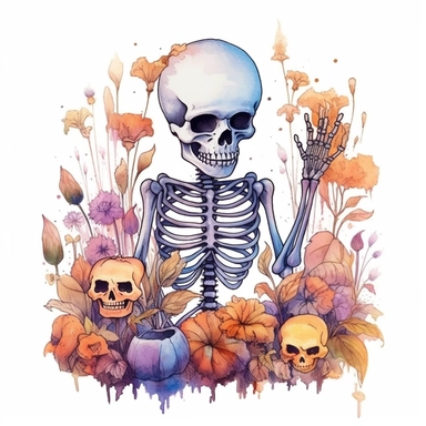Watercolour Halloween, funny skeleton illustration,style by Lucy Fleming, watercolor, smooth gradients, black contour outline, ultra detailed, clipart elements, delicate pastel colors, solid white background, super clear, high quality