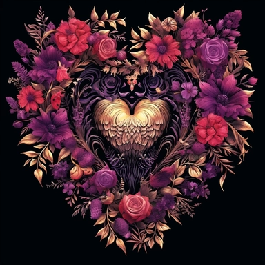 Design a digital illustration set of beautiful Floral Heart Clipart, reminiscent of fancy Valentine illustrations. The illustrations should showcase the intricate beauty of a heart, adorned with dark and mysterious flowers. The style should capture the essence of Gothic art, with a touch of romanticism. The colors should be rich and deep, using a palette of deep reds, purples, and whites to create a moody atmosphere. The resolution of each illustration should be high, at 2000x2000 pixels, allowi
