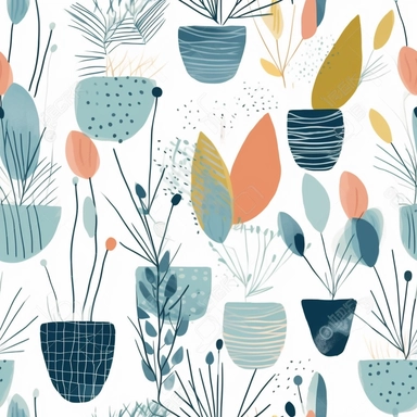 seamless pattern, colorful abstract pot plant, modern art, light blue colors, watercolor clipart, white background, minimalist, abstract, simplistic