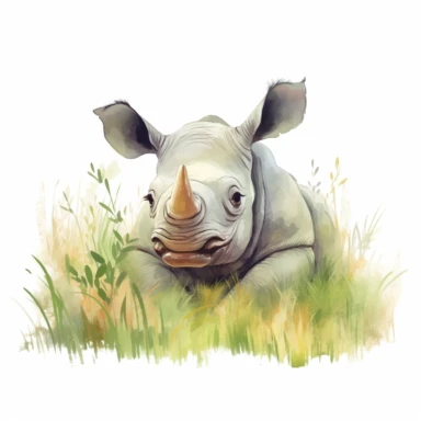 cute rhinoceros calf, rolling joyfully in a grassy meadow, muted tones, clipart, on a white background