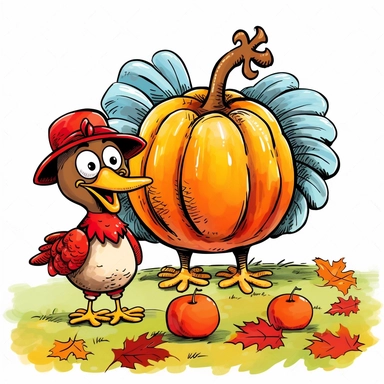 fall funny turkey and pumpkin cartoon in vivid colors clipart on a white background , in the style of rural america, high resolution, sarah purser, rural life scenes, large canvases, illustration, celebration of rural life , no watermark, text, words, paintbrush, 300 DPI, the images do not stick together, no text in the picture