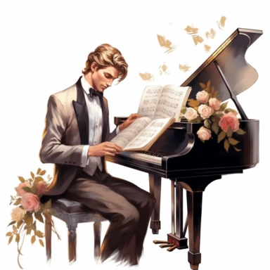 beauty man playing elegant piano, flower and a music book digital clipart on white background