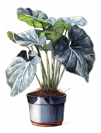 acrylic pain, Alocasia Baginda 'Silver Dragon', Alocasia Baginda 'Silver Dragon' Plant, Cone - shaped pot, clipart, hd, on a white background, spaced out