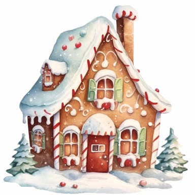 a watercolor gingerbread house, {pastel,Romantic, ExoticSerene, Whimsical, Vintage,Earthy,Tropical, Rustic,} color pallete, on a white background, gingerbread walls, gingerbread house, gingerbread models, gingerbread, watercolor pencil drawing style, on a white background, clipart, cartoonish style, full body, in the style
