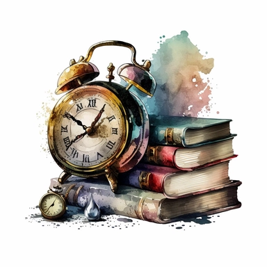 Vintage Alarm Clock with Books Sublimation water color, clipart, 8k, white background