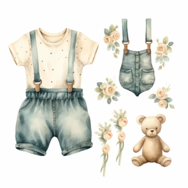 clipart, vintage, watercolor, cute clothing outfit for newborn baby boy and girl, hand drawn