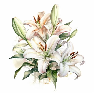 casablanca lilies on silk, digital watercolor illustration, white background clipart