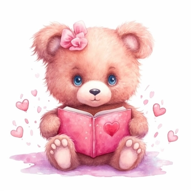kawaii cute pink bear reading a pink book, super cute, so adorable that is breaks your heart, full body, watercolor clipart, isolated on white background, cute-core