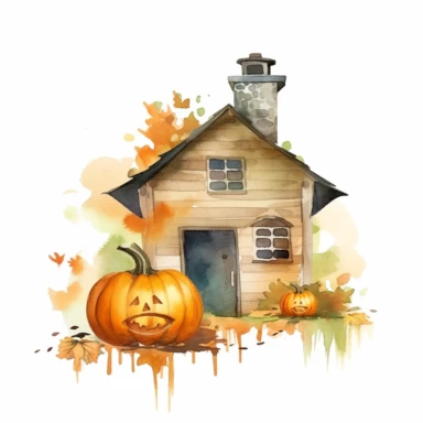 watercolor A clip art image featuring house made out of pumpkin isolated white background, minimalist, 8K, C20