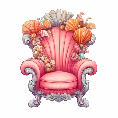 Pastel Cute Beautiful Fairy Chair Coral seashell Sublimation Clipart,Cartoon, hyper realistic, intricate detail, illustration style,high solution,on the white background