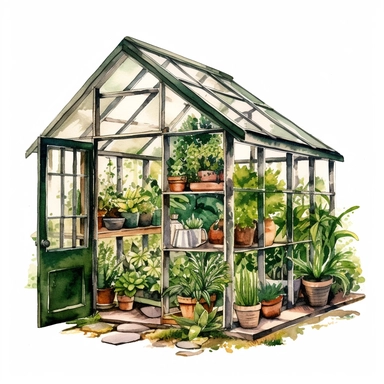 A small greenhouse with lush green plants inside clipart, white background, watercolor drawing