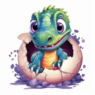 t-rex baby cute dinosaur hatching from egg, realistic, kids cartoon sublimation watercolor clipart design