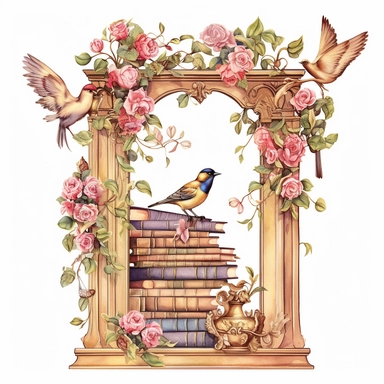 thick fairy books intricate details standing upright in open venetian antique bookcase in watercolor style, wedding, wedding flowers, rose and gold, cottage clipart, ethereal bohemeian, waxwing bird, ,detailed illustration hd, on white background ar 3:2 s 1000