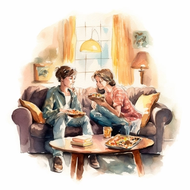 2 friends watching movie and eating pizza in a cozy home watercolor clipart