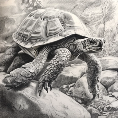 A charcoal drawing of a turtle clipart with an expressive and dynamic pose, crawling on a rocky terrain with plants and stones. The drawing has a rough and sketchy style, with bold and energetic strokes and marks. The perspective is low, creating a sense of drama and tension. The lighting is dramatic and directional, creating strong contrast and depth on the turtle’s shell and the terrain elements. The color palette is monochromatic, with shades of black, gray, and white. Created by Leonardo da 