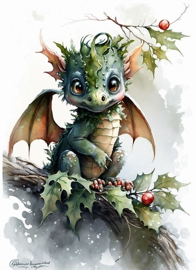 Cute little happy christmas baby dragon with winter greenery on the head and with big eyes and with wings, watercolor by Thomas w. schaller, clipart, solid background, hd
