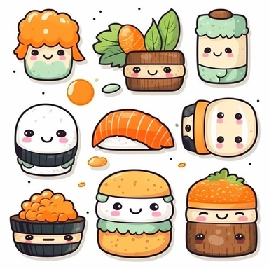 realistic asain kawaii food, digital stamps vector Kawaii Sushi clipart set, Cute sushi clip art, Salmon nigiri, Onigiri, Maki, Ramen, Noodles, Sushi rolls, Japanese food cliparts, Printable Planner stickers, Vector graphics, line art, black and white