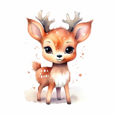 watercolor clipart of a cute adorable little reindeer, magical and enchanted, Christmas, sparkles, Christmas vibes, isolated on white background