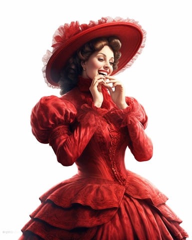 detailed happy beautiful lady , dressed in a red victorian vintage dress laughing and covering her mouth, hyper realistic, 8k, isolated on white backgorund, clipart