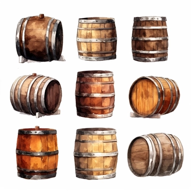 Beer Barrels: Paint clipart of wooden beer barrels, capturing the rich browns and intricate details of the barrel staves and metal bands, full color, clipart, watercolor illustration, single object, high definition 8k, white background for removing background