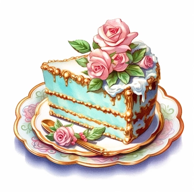 Make a clipart of a fairytale watercolor french country cake slice on a dish on a table, rococo, with bright pastel colors of turquoise and green, pink roses, gold accents, black outlines, hd, white background