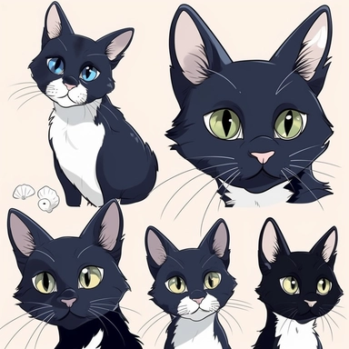 cute and beautiful cat with white face with few spots in black close to the ears and left side of nose and black tail vector art, clipart, illustration, kids book style, different angles, character sheet, white background, ar 3:2, q 2