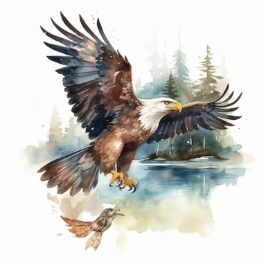 Eagle Flying with holding Fish over a lake , watercolor Clipart,Isolated