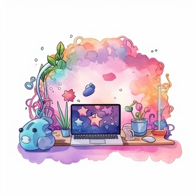 studio logo of programming colorful code getting out of a computer's screen clipart , boho style, in style of Watercolor and ink outline
