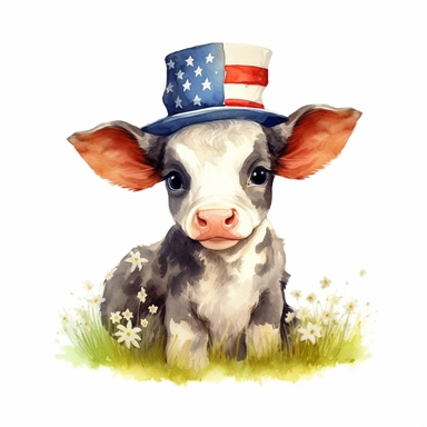american flag day, watercolour clipart, beautiful cute calf cow wearing americam hat sitting in grass, cute, happy, realistic, cte