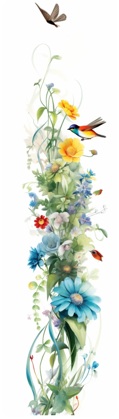 clipart — flora and fauna royalty illustration image, watercolor, sprout, chit, green 20%, in the style of abstraction, white background, Asian dragons, colorful curves, 32k uhd, chalk, symmetrical, asymmetry, landscape, Spring flowers, spring grass, flying birds, vertical format