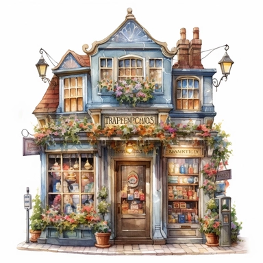a very cute toy shop with lots of toys , clipart, exterior view, cozy, flowers, luminious, dramatic lighting, super detailed, daytime, Thomas Kinkade style, watercolor, 8k, on isolated white background