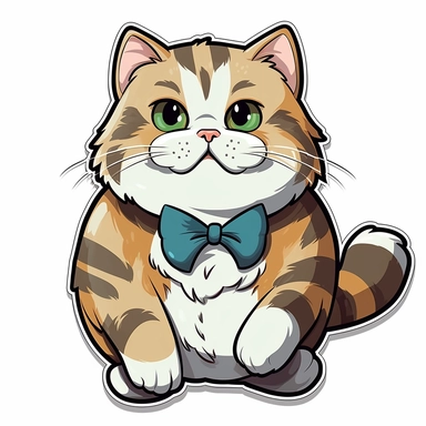 clipart of a fat cat wearing a bow tie, sticker style, white background