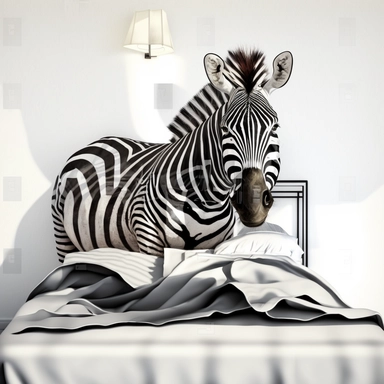 zebra lies on the bed. clipart. . big bed. eyes closed. light background.