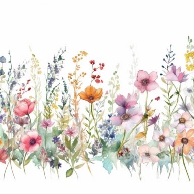 A captivating watercolor floral border clipart, replete with a riot of wildflowers, comes alive against a pristine white background, reminiscent of the loose, expressive style of English artist Helen Wells. The border is a garden of delicate blooms in a symphony of colors, its undulating pattern adding an air of romance, perfect for a wedding theme. The color temperature is a mix of warm and cool tones, echoing the diverse colors of wildflowers. No facial expressions are present, yet each flower