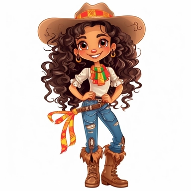 country girl from festa junina from brazil cute drawing on white background, hugh eyes, ribbons in head, curly long hair, clipart, happy, cartoon, boots,