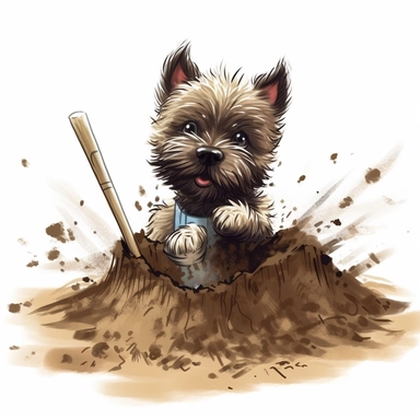 Cairn Terrier, digging in the dirt, Cartoon, Clipart, white background, no text, no caption