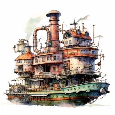 steampunk ferry. watercolor, ultra high-detail, clipart