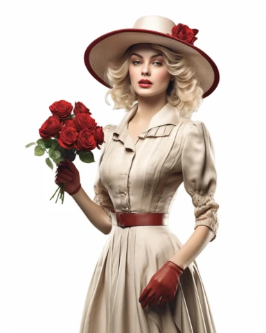 detailed beautiful lady standing up with vintage hat with red roses dressed in a vintage dress, hyper realistic, 8k, isolated on white backgorund, clipart