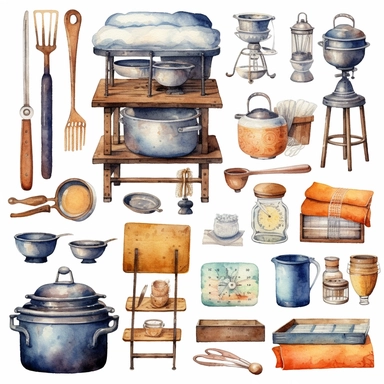 watercolor vintage, equiptment bake bekery set,Commercial Oven,Mixer,Dough Sheeter,Baking Sheets and Pans,Bread Slicer,Scales and Measuring Tools,ingredient,colorful, rice paper, clip art, 2b