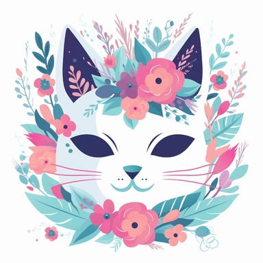 cartoon style cat, bright colored boho style flowers, silhouette vector flat simple identification symbol white backround white background minimalistic clipart png svg