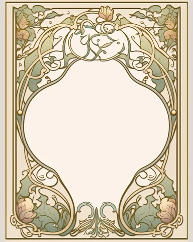5x7 area of blank space in the center, narrow stationary border and corner around it, lots of room in the center for text, Romantic, Vintage, Art Nouveau, Soft Pastels, Graceful, Ornate, Timeless, in the style of Alphonse Mucha, clean edges, solid background, clipart, isolated