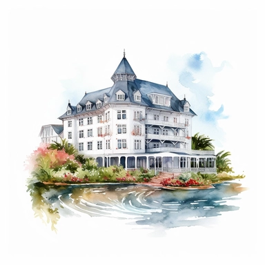 one watercolor wedding hotel and resort, clipart, white background