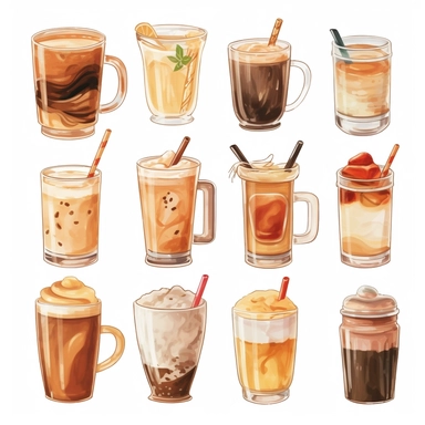 sticker sheet of different types of coffee mugs and two coffee machine, iced and hot coffees, latte art, different mugs, clip art set, watercolor, beige color scheme, cute ceramic mugs, ice latte with bobas inside, ice latte in a plastic cup with a straw